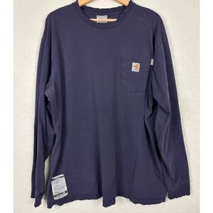 Carhartt FR Flame Resistant Long Sleeve Pocket T-Shirt Navy Blue Distressed Mens